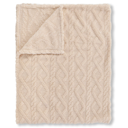 Luxe Teddy Plaid - Deken - Dekentje 130x160 cm - Jacquard Geweven Kabelpatroon - Off-White - 1 Persoons - 100% Polyester Sherpa - Oeko-Tex Gecertificeerd