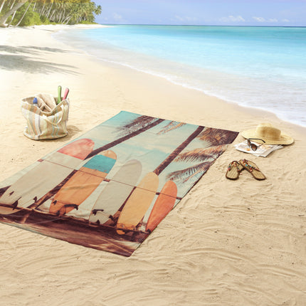 Strandlaken 100x180 cm - Surfplanken en Palmbomen Print - Multi - Poly Velours - Good Morning