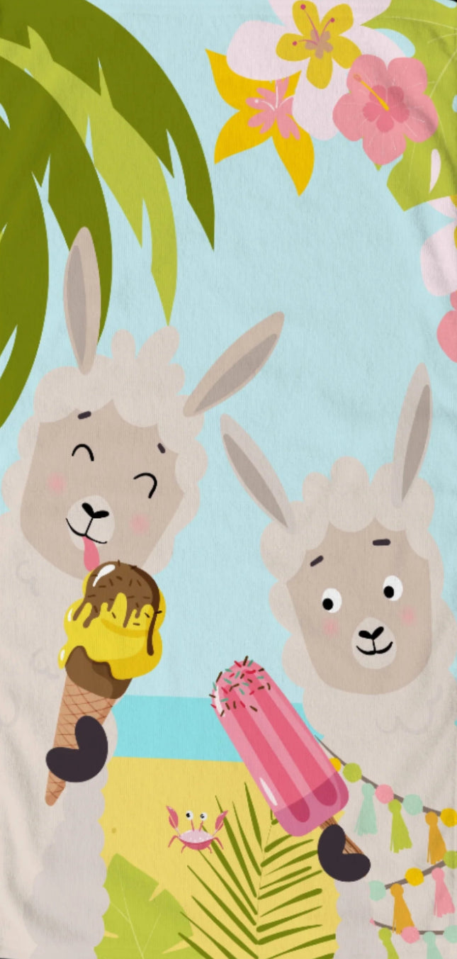 Strandlaken voor Kinderen 75x150 cm - Llama en IJsjes Print - Multi - Poly Velours - Voor Kinderen