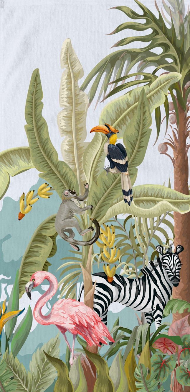 Strandlaken voor Kinderen - 75x150 cm - Jungle Dieren Print - Flamingo, Zebra, Toekan - Poly Velours - Good Morning