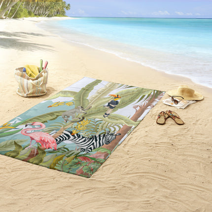 Strandlaken voor Kinderen - 75x150 cm - Jungle Dieren Print - Flamingo, Zebra, Toekan - Poly Velours - Good Morning