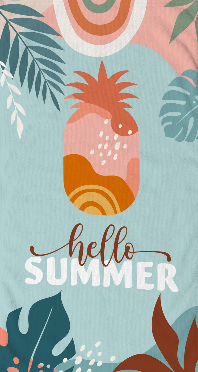 Strandlaken 100x180 cm - Tropische Ananas en Bladeren Print - Hello Summer Design - Poly Velours - Voor 1 Persoon