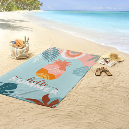 Strandlaken 100x180 cm - Tropische Ananas en Bladeren Print - Hello Summer Design - Poly Velours - Voor 1 Persoon