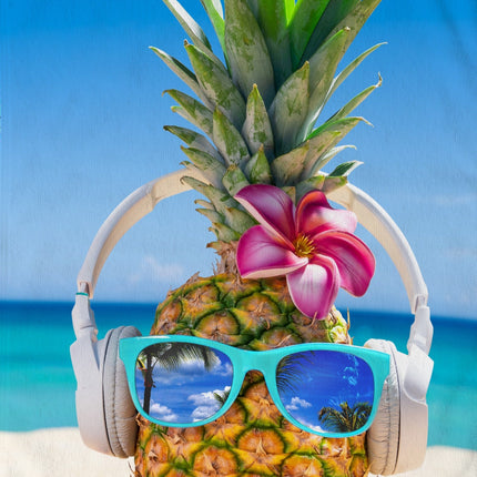Strandlaken 100x180 cm - Ananas met Zonnebril en Koptelefoon Print - Tropisch Design - Poly Velours - Good Morning