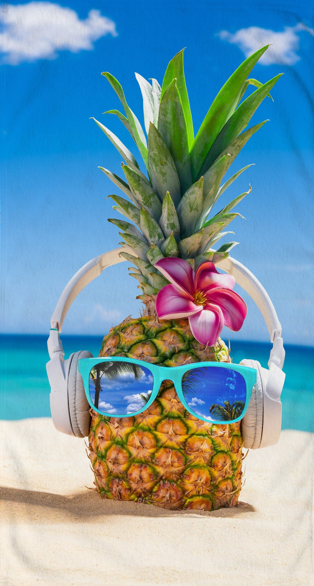 Strandlaken 100x180 cm - Ananas met Zonnebril en Koptelefoon Print - Tropisch Design - Poly Velours - Good Morning