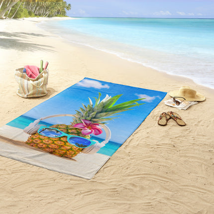 Strandlaken 100x180 cm - Ananas met Zonnebril en Koptelefoon Print - Tropisch Design - Poly Velours - Good Morning
