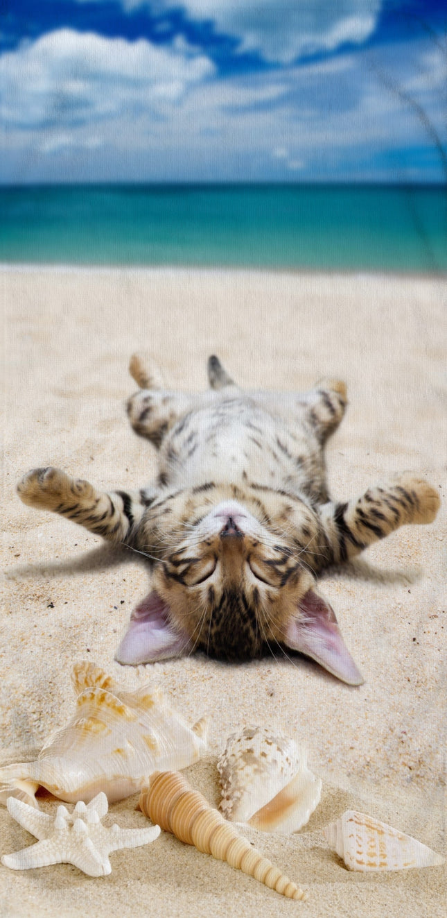 Strandlaken voor Kinderen - 75x150 cm - Kat en Schelpen Print - Zandstrand Thema - Poly Velours