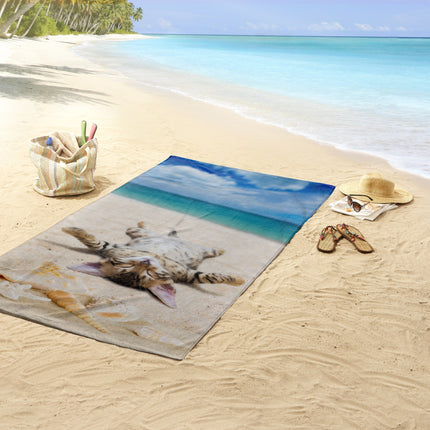 Strandlaken voor Kinderen - 75x150 cm - Kat en Schelpen Print - Zandstrand Thema - Poly Velours