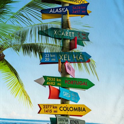 Strandlaken 100x180 cm - Wereldwijde Wegwijzer Print - Tropisch Strand Design - Poly Velours - Voor 1 Persoon