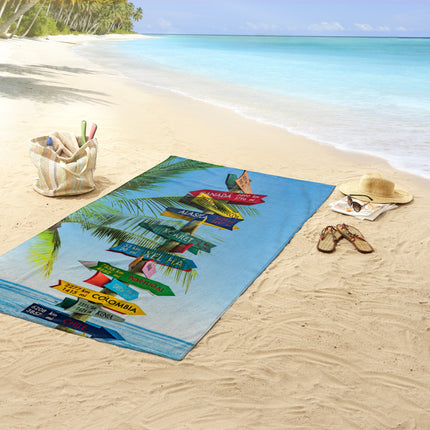 Strandlaken 100x180 cm - Wereldwijde Wegwijzer Print - Tropisch Strand Design - Poly Velours - Voor 1 Persoon