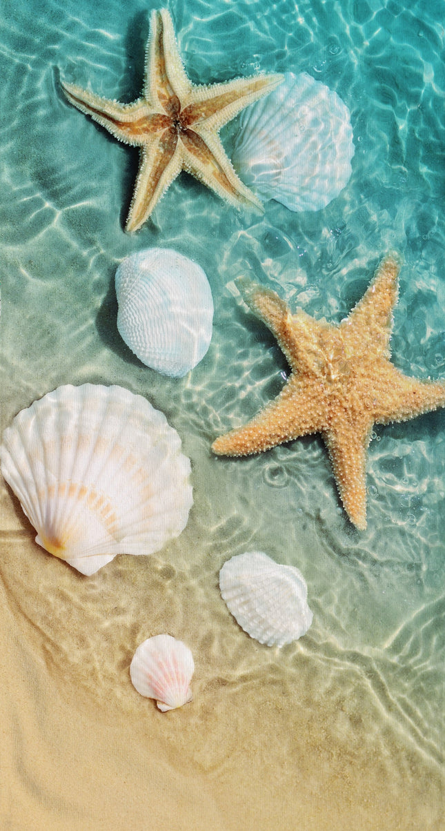 Strandlaken 100x180 cm - Zeesterren en Schelpen Print - Poly Velours - Good Morning - Zand en Zee Thema