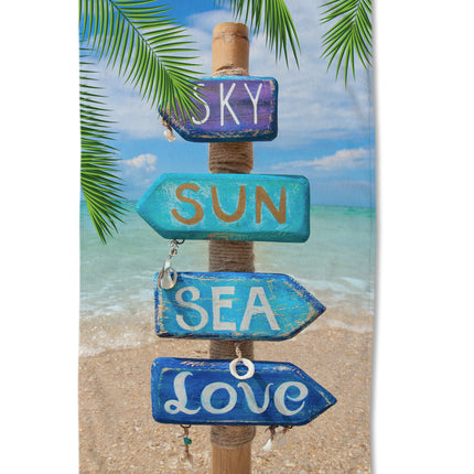 Strandlaken 100x180 cm - Tropische Strandprint met Palmbomen en Tekst - Blauw - Poly Velours
