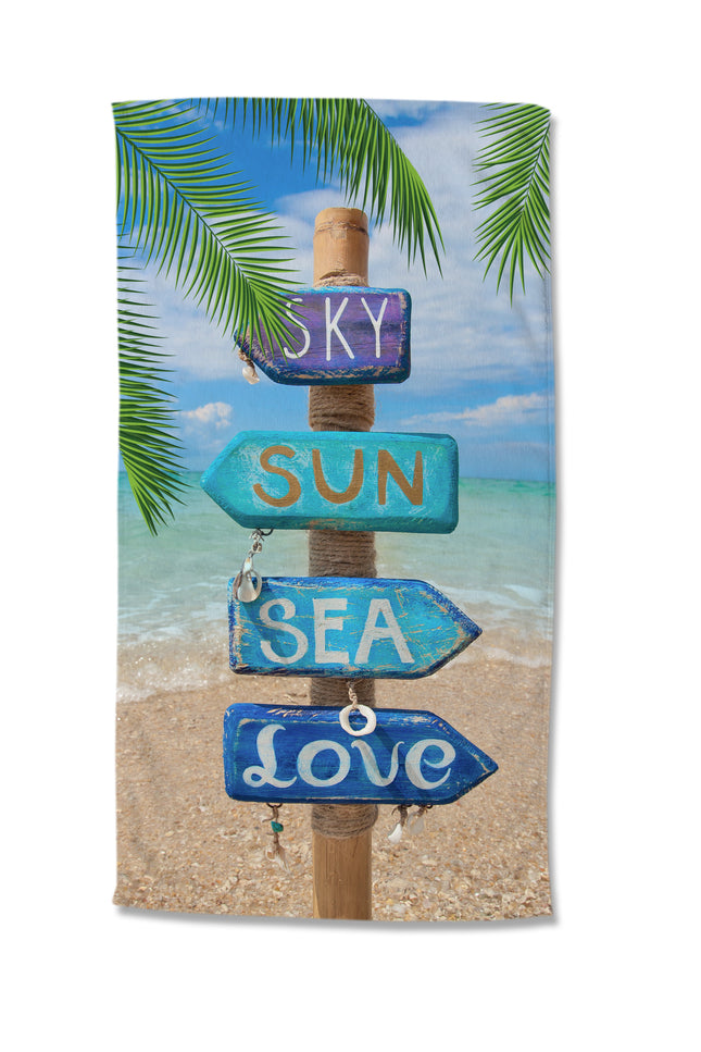 Strandlaken 100x180 cm - Tropische Strandprint met Palmbomen en Tekst - Blauw - Poly Velours