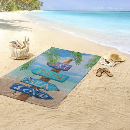 Strandlaken 100x180 cm - Tropische Strandprint met Palmbomen en Tekst - Blauw - Poly Velours
