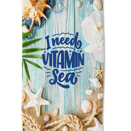 Strandlaken 100x180 cm - "I Need Vitamin Sea" - Schelpen en Zeesterren Print - Blauw - Poly Velours