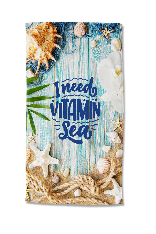 Strandlaken 100x180 cm - "I Need Vitamin Sea" - Schelpen en Zeesterren Print - Blauw - Poly Velours