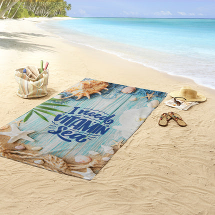 Strandlaken 100x180 cm - "I Need Vitamin Sea" - Schelpen en Zeesterren Print - Blauw - Poly Velours