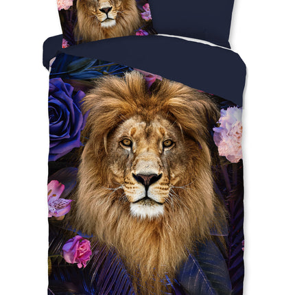 1 Persoons Dekbedovertrek 140x220 cm - Leeuw en Bloemen Print - Multi - Luxe Microfiber - Oeko-Tex Gecertificeerd