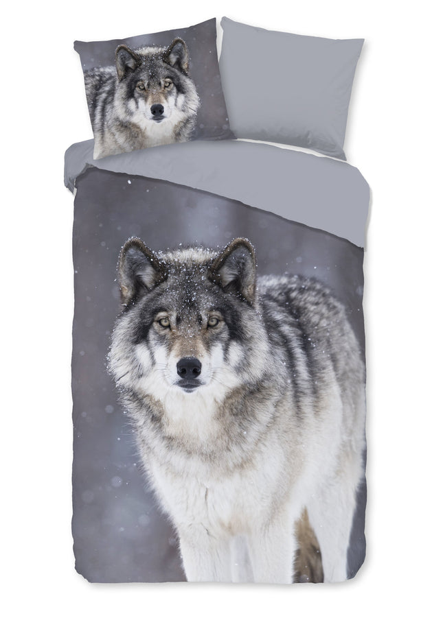 Flanellen Dekbedovertrek 140x200 cm - Wolf Print - Grijs - 1 Persoons - 100% Katoen Flanel