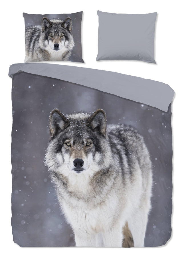 Flanellen Dekbedovertrek 240x220 cm - Wolf Print - Grijs - 2 Persoons - 100% Katoen Flanel