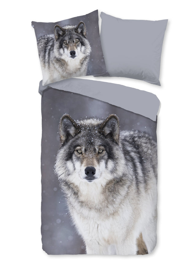 Flanellen Dekbedovertrek 155x220 cm - Wolf Print - Grijs - 1 Persoons - 100% Katoen Flanel