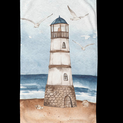 Strandlaken voor Kinderen 100x180 cm - Vuurtoren en Meeuwen Print - Blauw - Good Morning - Oeko-Tex Gecertificeerd
