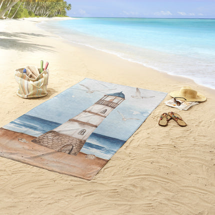 Strandlaken voor Kinderen 100x180 cm - Vuurtoren en Meeuwen Print - Blauw - Good Morning - Oeko-Tex Gecertificeerd