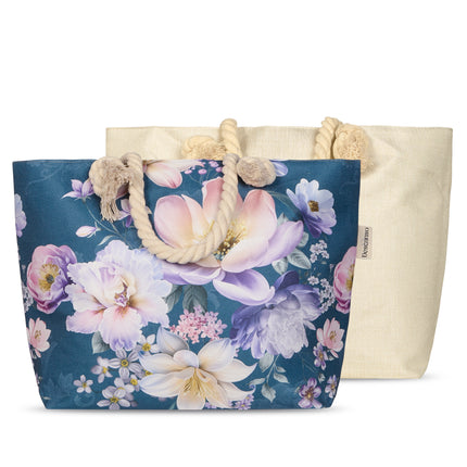 Strandtas met Bloemenprint - 43x60 cm - Petrol - Oeko-Tex Gecertificeerd - 100% Polyester Linnen