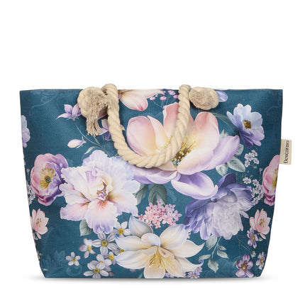 Strandtas met Bloemenprint - 43x60 cm - Petrol - Oeko-Tex Gecertificeerd - 100% Polyester Linnen