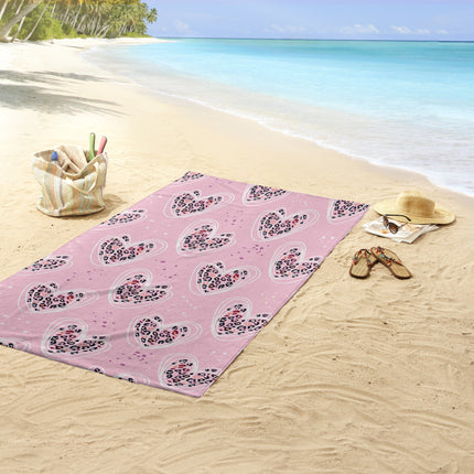 Strandlaken voor Kinderen 75x150 cm - Roze Hartjes en Luipaardprint - Good Morning - Zacht Polyester Velours - Oeko-Tex Gecertificeerd