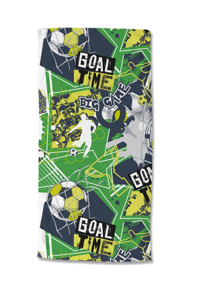 Strandlaken voor Kinderen 75x150 cm - Voetbal Print - Groen - Goal Time - Oeko-Tex Gecertificeerd - Zacht Polyester Velours