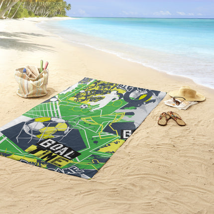Strandlaken voor Kinderen 75x150 cm - Voetbal Print - Groen - Goal Time - Oeko-Tex Gecertificeerd - Zacht Polyester Velours