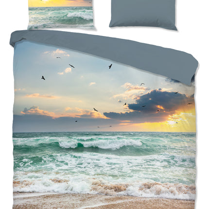 2 Persoons Dekbedovertrek 200x220 cm - Strand en Zee Print - Zonsondergang en Meeuwen - Luxe Microfiber - Oeko-Tex Gecertificeerd