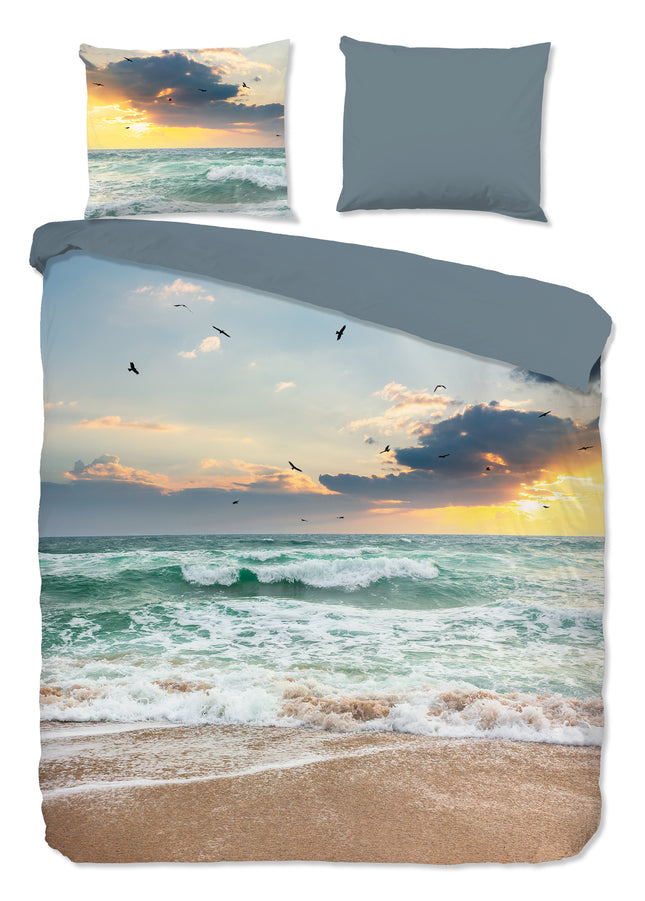 2 Persoons Dekbedovertrek 200x220 cm - Strand en Zee Print - Zonsondergang en Meeuwen - Luxe Microfiber - Oeko-Tex Gecertificeerd
