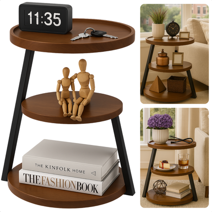 Cheqo® Moderne Bijzettafel - Bijzet Tafel - Bruin Bijzettafeltje - Zwart Metalen Frame - MDF Plateau - Opstaande Rand - Stelpootjes - Ronde Bijzettafel - Industriële Stijl - Woonkamer Tafel - Compacte Bijzettafel