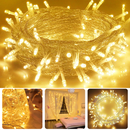 Cheqo® LED Lichtsnoer - Kerstverlichting - Kerstlampjes - Kerstboomverlichting - 120 LED's - Warm Wit - 9m - Transparant Snoer - Timerfunctie