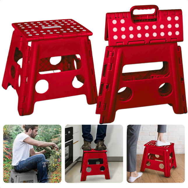 Cheqo® Vouwbare Opstapkruk - Opstapje - Trapje - Kruk - Krukje - Keukentrap - Keukentrapje - Opvouwbaar - Anti-Slip - ABS Materiaal - Max. 100 kg - Rood