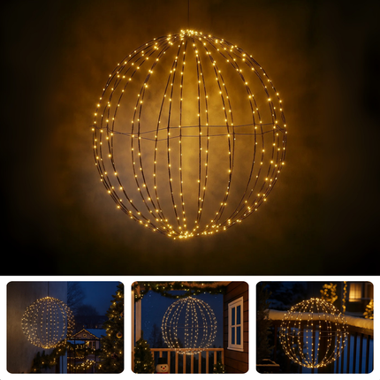 Cheqo® LED Kerstbal - Kerstverlichting Voor Buiten - Warm Witte LED-Lampjes - Verlichte Bal - Timerfunctie - Buitengebruik - Kerst Tuinverlichting - Hangende LED Bollen - Zwarte Metalen Frame - Kerstfiguur - Kerstdecoratie