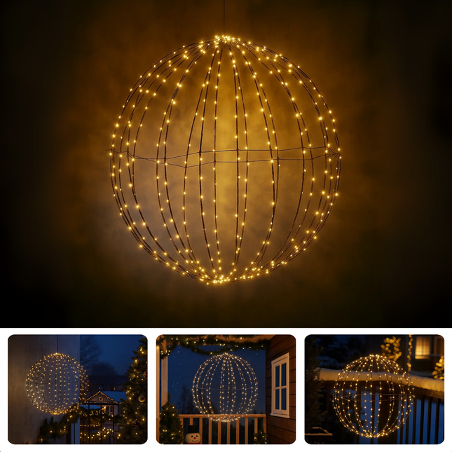 Cheqo® LED Kerstbal - Kerstverlichting Voor Buiten - Warm Witte LED-Lampjes - Verlichte Bal - Timerfunctie - Buitengebruik - Kerst Tuinverlichting - Hangende LED Bollen - Zwarte Metalen Frame - Kerstfiguur - Kerstdecoratie
