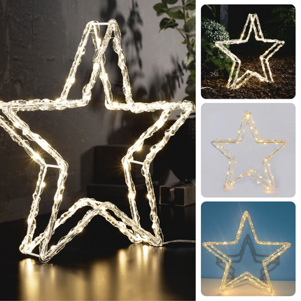 Cheqo® Luxe Kerstster - 80 LED's - Timer - Op Batterijen - Binnen en Buiten - 32 cm - Kerstverlichting - Kerst Figuur - Kerstlampjes - Kerstversiering - Lichtslinger - Voor Binnen en Buiten - Metalen Frame - Acryl - 30 x 32 x 5 cm - Energiezuinig Verlichte Kerstfiguren