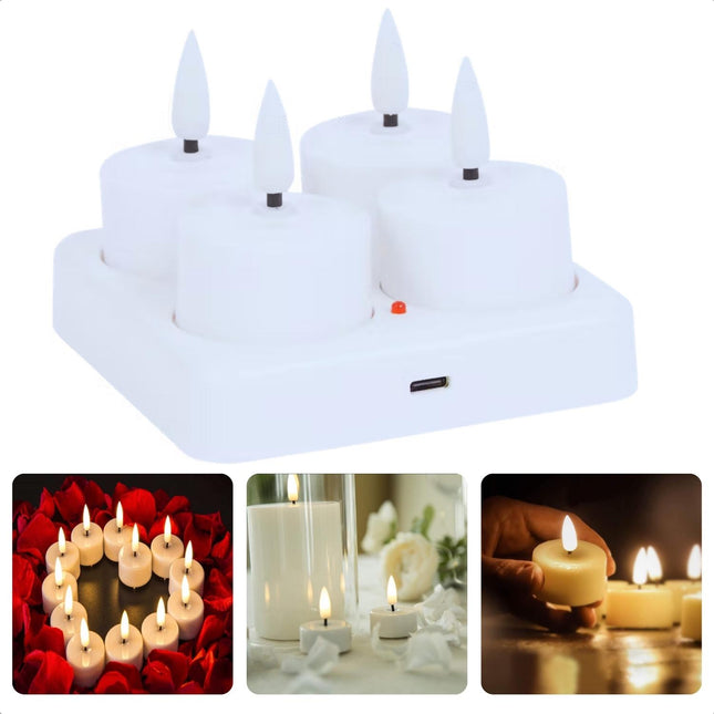 Cheqo® LED Theelichtjes Set - Waxinelichtjes Oplaadbaar en Duurzaam - Horeca LED Kaars - Kaarsjes - Veilig Alternatief voor Waxinelichtjes - Inclusief USB Kabel - 4 Stuks