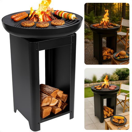 Cheqo® Vuurkorf met BBQ - Barbecue Roestvrij Staal - Grillring - Plancha Grill - Vuurschaal - Buitenkeuken met Houtopslag - 2-in-1 Grill en Terrashaard - Inclusief Teppanyaki Plaat