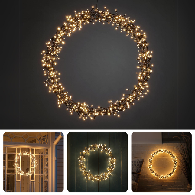 Cheqo® Verlichte Kerstkrans met warm witte LED-lampjes, Ø58 cm, met diverse lichtfuncties, ideaal voor binnen en buiten.