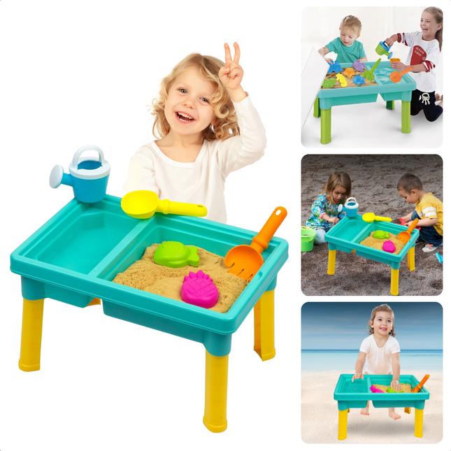 Child playing with Cheqo® sand and water table set for outdoor fun and creativity.