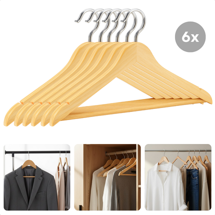 Cheqo® Houten Kledinghangers – Set van 6 – Gelakt Hout – Draaibare Metalen Haak – Geschikt voor Zware Kleding – Duurzaam & Klassiek Design – Ideaal voor Jassen en Colberts - Kleerhangers - Kleding Hangers - Kleerhanger Set