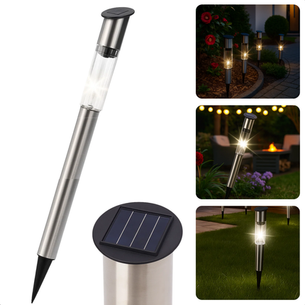 Cheqo® Solar Tuinlamp – Tuinverlichting op Zonne-Energie – LED Tuinlamp – Roestvrij Staal – Automatisch Inschakelen – Koud Wit Licht – Grondpin - Padverlichting - Tuinlamp Zonnepaneel - Zonne Energie Tuinverlichting