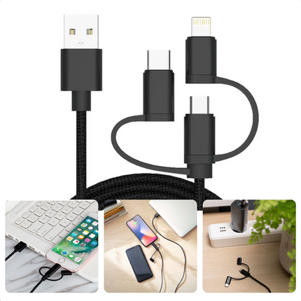 Cheqo® 3-in-1 Oplaadkabel - USB-C - Lightning - Micro-USB - Versterkt - Voor Smartphones - 1.2m - 15W - 480 Mbps - USB 2.0 - Snellader - Oplader - Fast Charge - Voor Auto - Onderweg - Thuis - Multifunctionele Oplaadkabel Apple Lightning naar USB