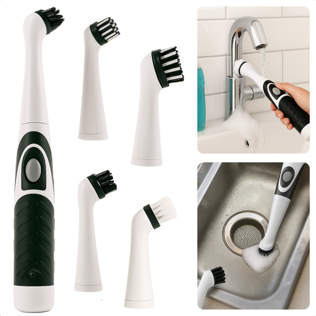 Cheqo® Elektrische Schoonmaakborstel - Schoonmaakborstel Elektrisch - Schrobborstel - Badkamer En Keuken - Compact En Draagbaar - Waterdicht IPX5 - Antisliphandgreep - Moeilijk Bereikbare Plekken - Hardnekkig Vuil - 4 Opzetborstels
