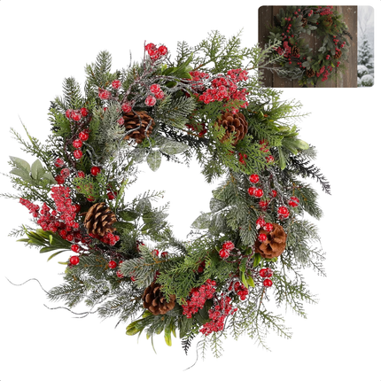 Cheqo® Kerstkrans Rood - Ø50 cm - Traditionele Kerstkleuren - Groene Dennennaaldjes - Rode Besjes - Bruine Dennenappels - Witte Afwerking - Licht Besneeuwd Effect - Eenvoudige Ophanging - Kerst Krans - Deurkrans