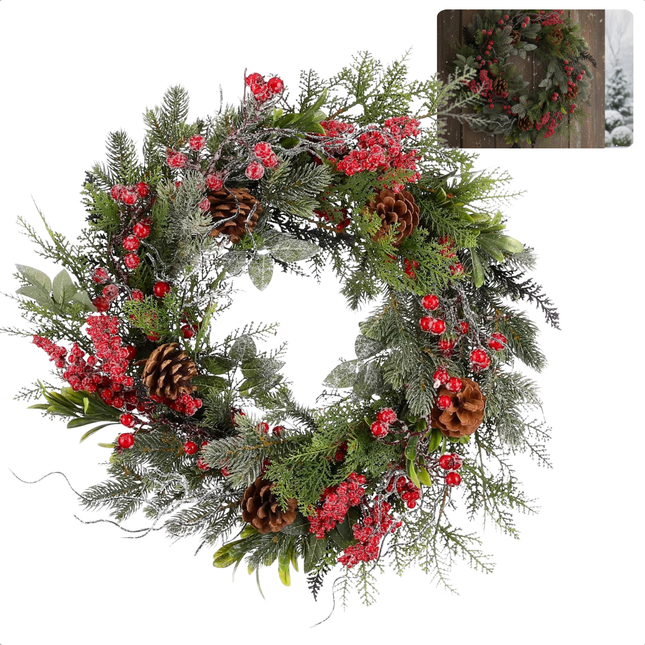 Cheqo® Kerstkrans Rood - Ø50 cm - Traditionele Kerstkleuren - Groene Dennennaaldjes - Rode Besjes - Bruine Dennenappels - Witte Afwerking - Licht Besneeuwd Effect - Eenvoudige Ophanging - Kerst Krans - Deurkrans